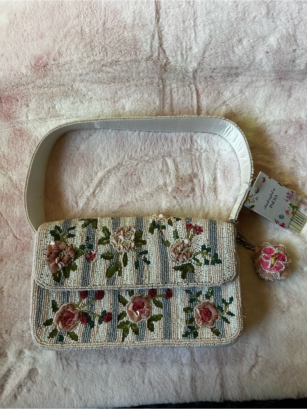 Pink Rose Floral Beaded Shoulder Purse Bag - Handcrafted in India NWT